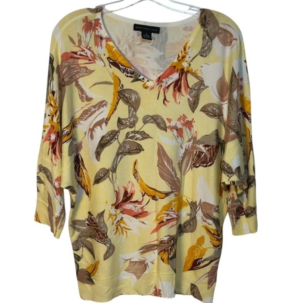 Joan Vass Floral Knit Top Yellow Brown Orange White V‎ Neck 3/4 Dolman Sleeve M